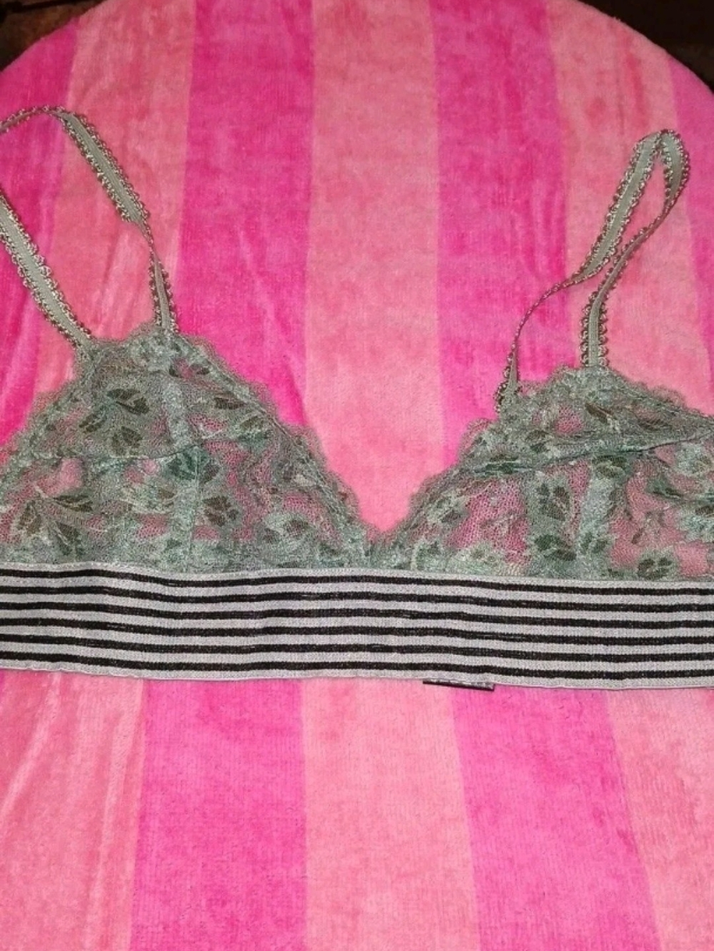 POL Sage Green Lace Bralette with Black & Gray Striped Band